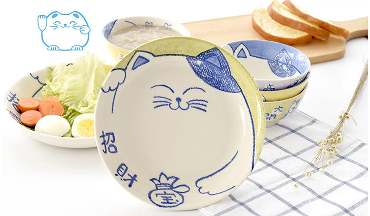 景德镇餐具日式碗盘套装 招财猫盘子碗 动物陶瓷家用 可爱卡通碗