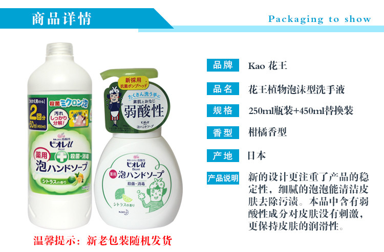 花王/KAO 植物泡沫型洗手液套装 250ml瓶装+450ml替换装 柑橘香型 日本进口