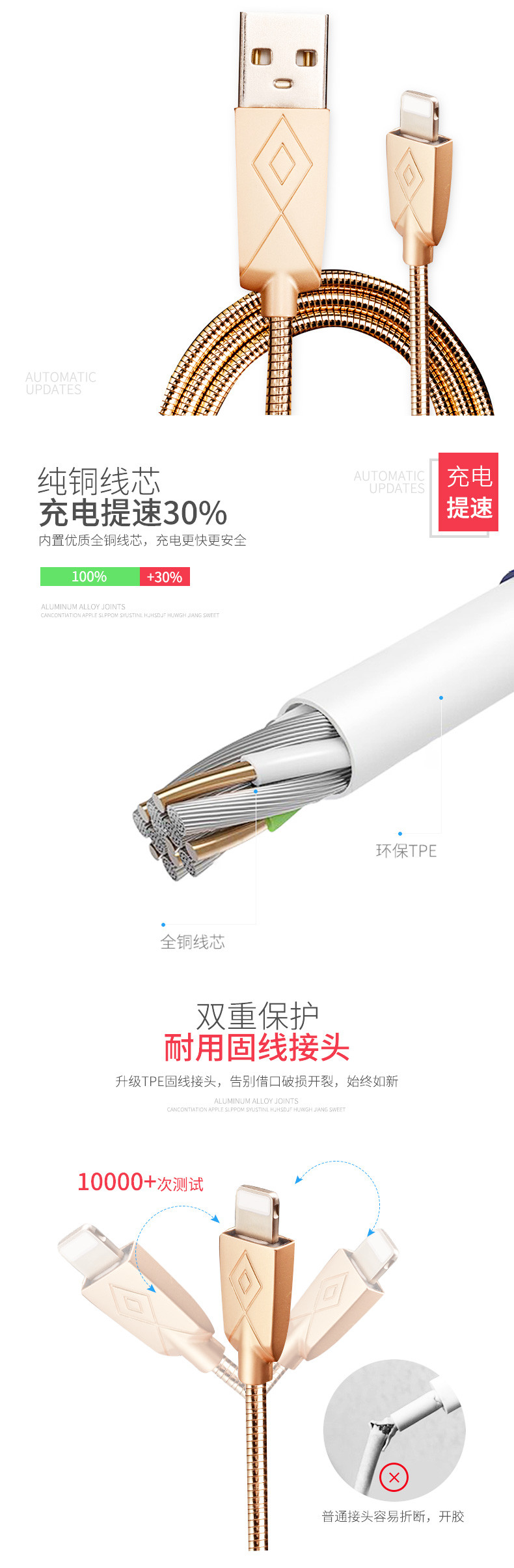 【东莞馆】BSUN 数据线 一拖二充电线（适用安卓 + 华为） 数据线充电线不锈钢线长1米带LED灯