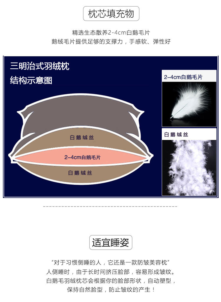 贝得赫家纺 羽绒枕头芯 五星级酒店保健枕护颈枕48*74CM1只