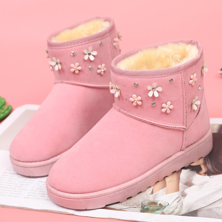 木槿 雪地靴女短筒短靴平底学生棉靴子甜美花朵粉色面包鞋冬季厚底女鞋