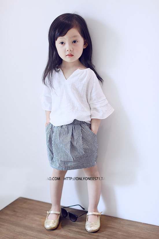 2017夏女童套裙韩版夏季女童气质小V领清新短袖T恤格子短裙两件套