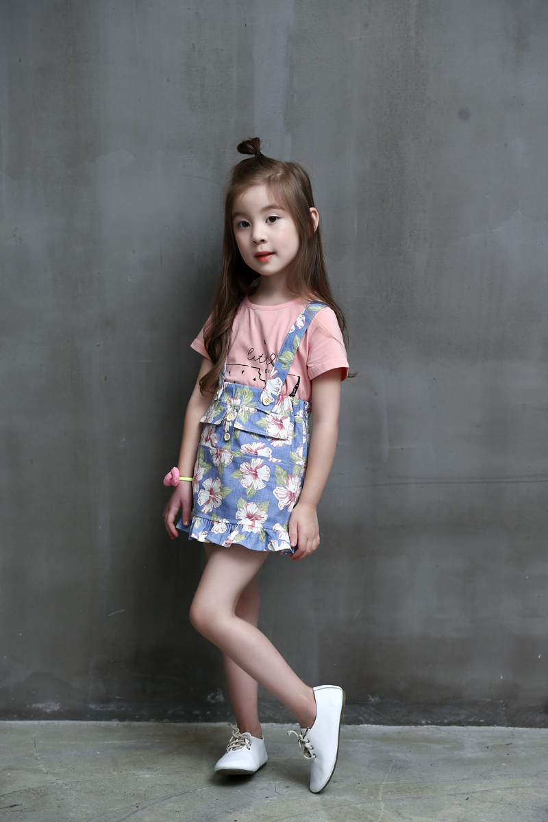  棉麻 夏季新款韩版女童西瓜T恤加碎花背带短裙两件套套装
