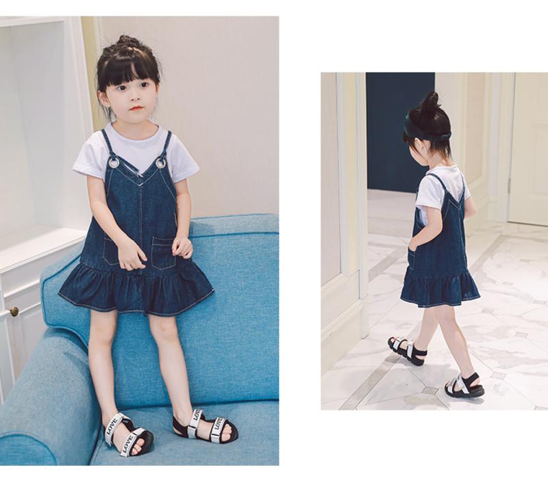 MSWU 宝贝衣橱 夏季韩版新款女童短袖上衣加牛仔吊带裙套装