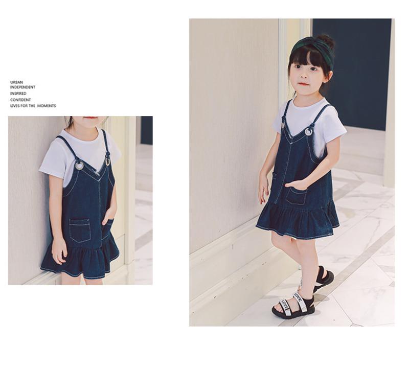 MSWU 宝贝衣橱 夏季韩版新款女童短袖上衣加牛仔吊带裙套装