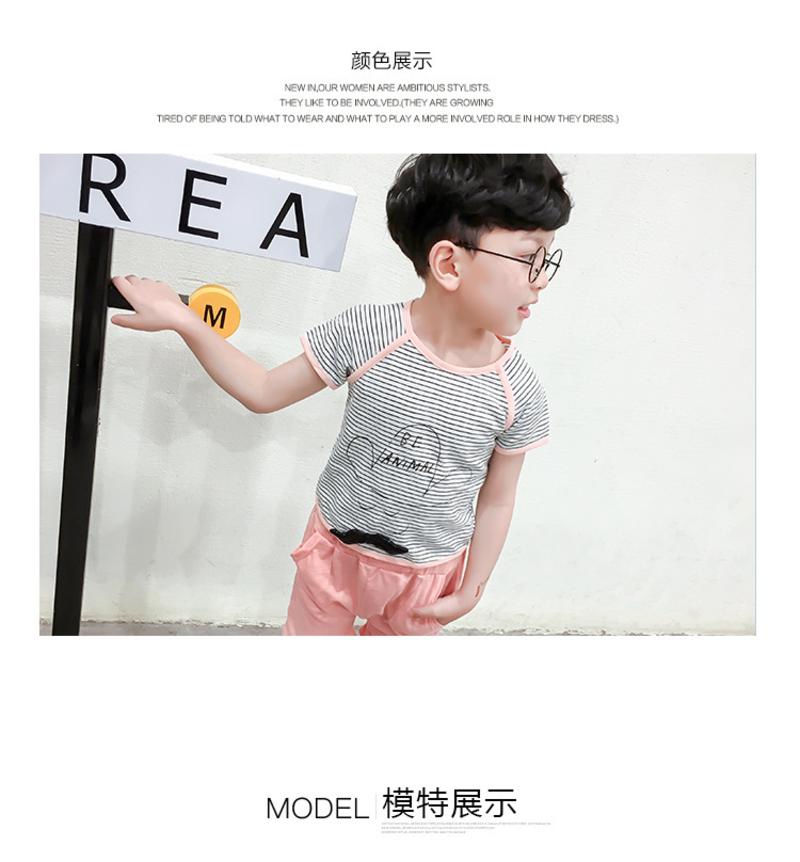 A6 童装夏季2016韩版男童女童条纹印花短袖T恤加短裤套装