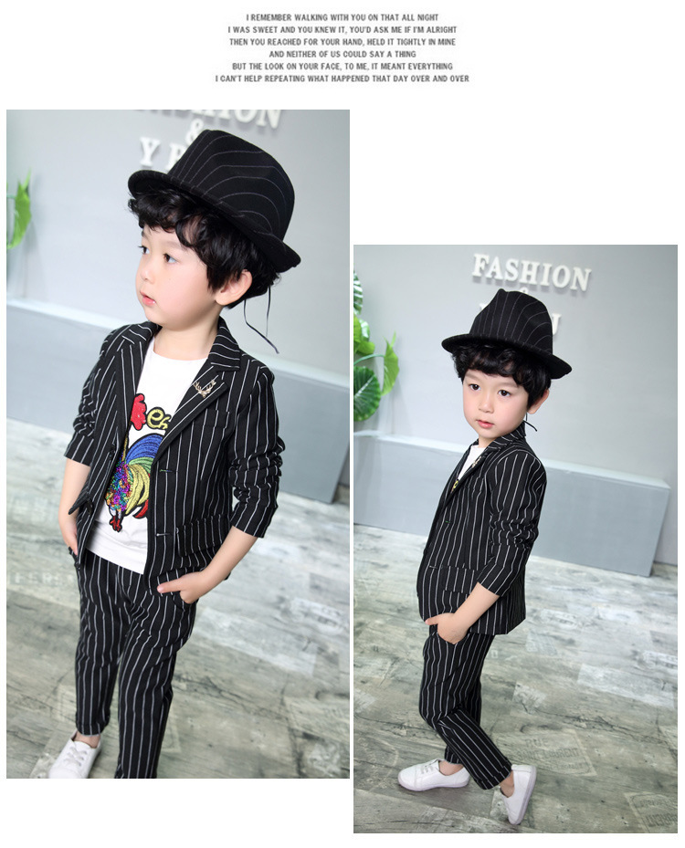 A6 童装2018韩版小西装西裤儿童外套男童西装黑白坚条纹绅士两件套装