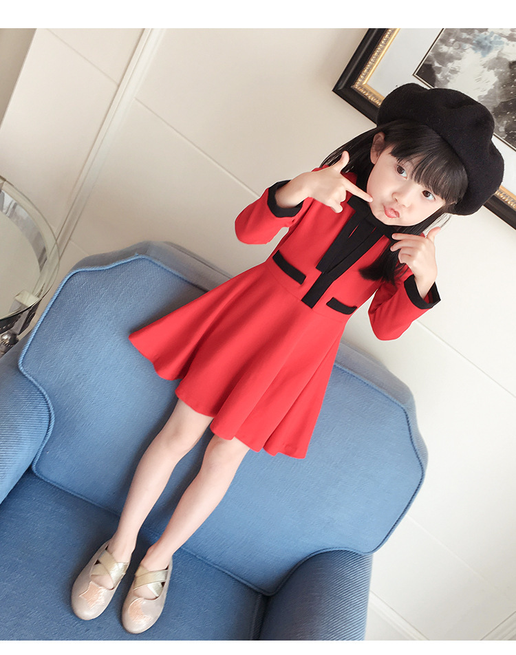 A6 童装2018韩版新款女童时尚拼接收腰连衣裙红黑拼色公主裙