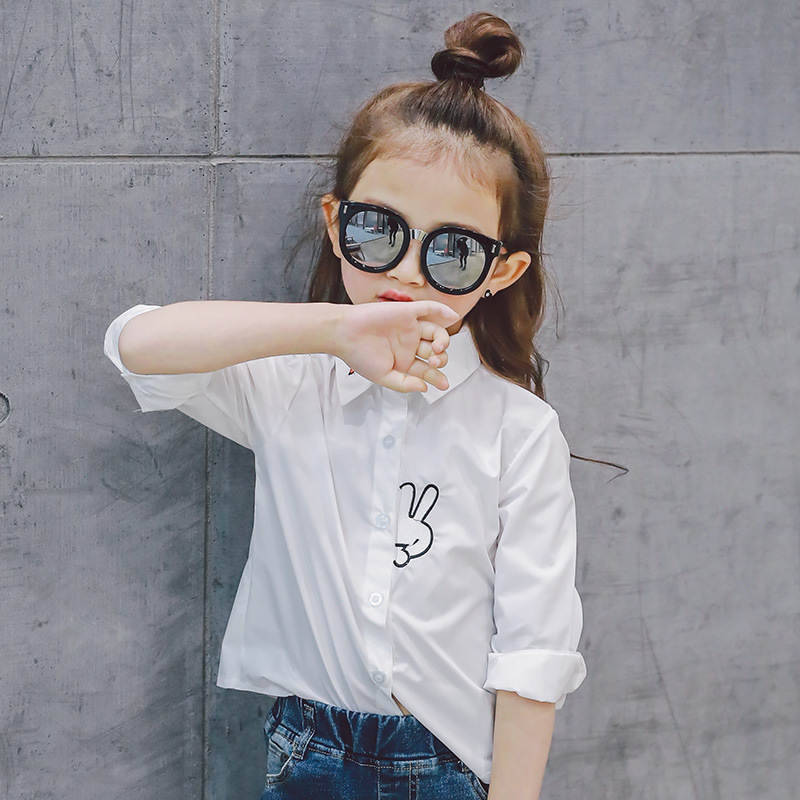 A6 2017春秋季韩版中小女童装 卡通兔子萝卜刺绣条纹衬衫 长袖衬衣
