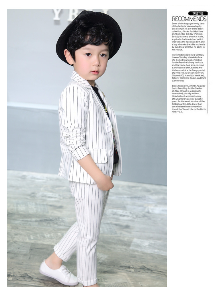 A6 童装2018韩版小西装西裤儿童外套男童西装黑白坚条纹绅士两件套装