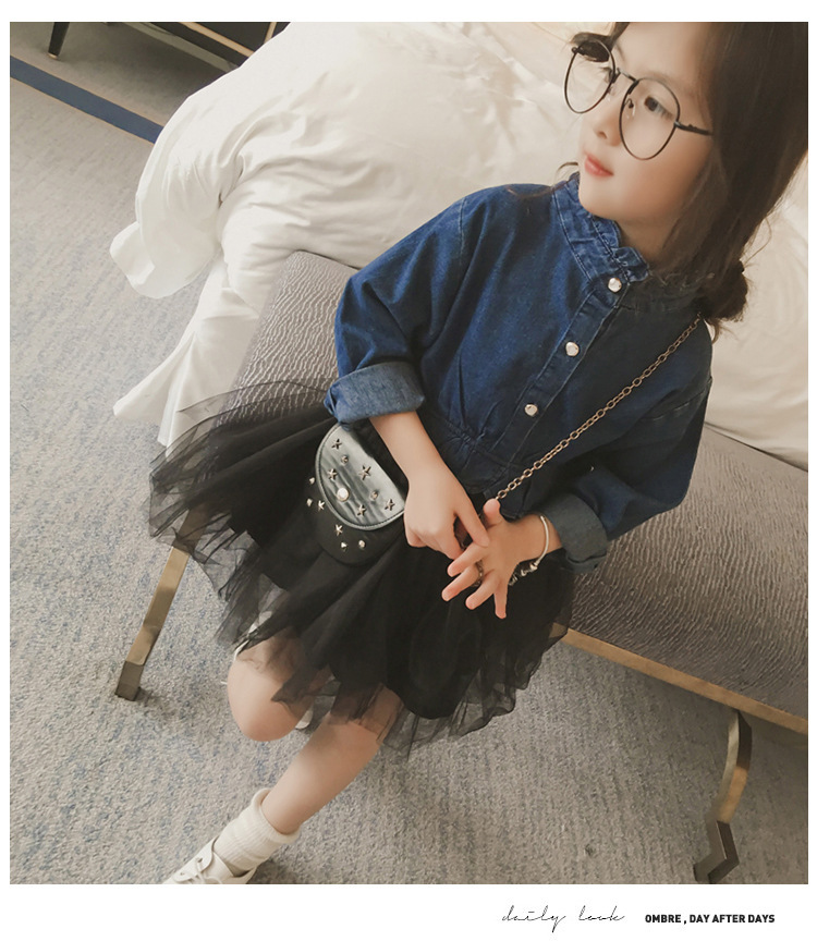 A6 童装2018韩版新款女童时尚休闲纯色网纱牛仔裙