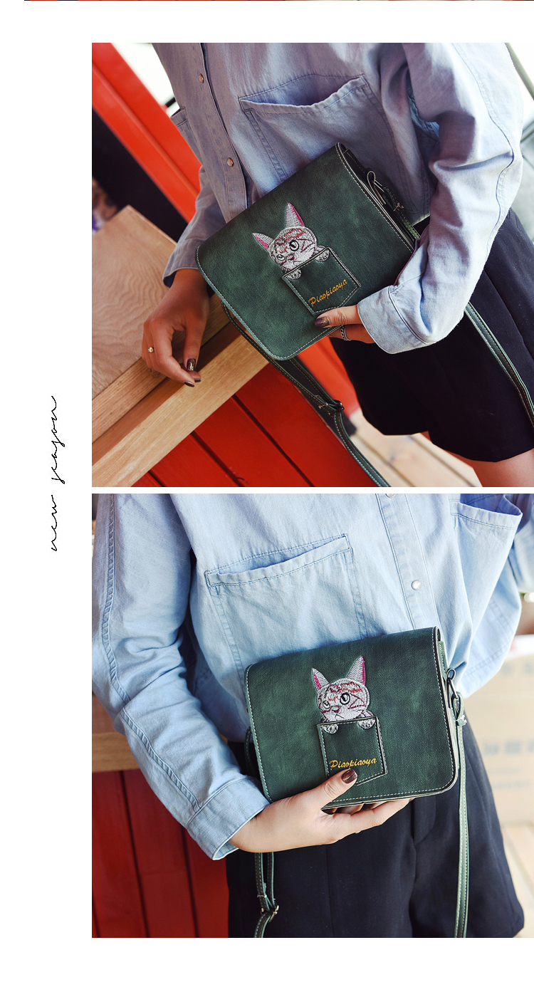 采宁 韩版刺绣小猫包时尚印花单肩包斜跨小包卡通小猫流行女包