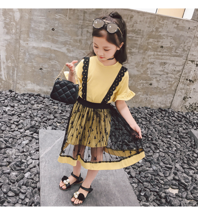 倪弘 女童套装 2018夏款韩版套裙喇叭袖短袖T恤蕾丝吊带裙两件套