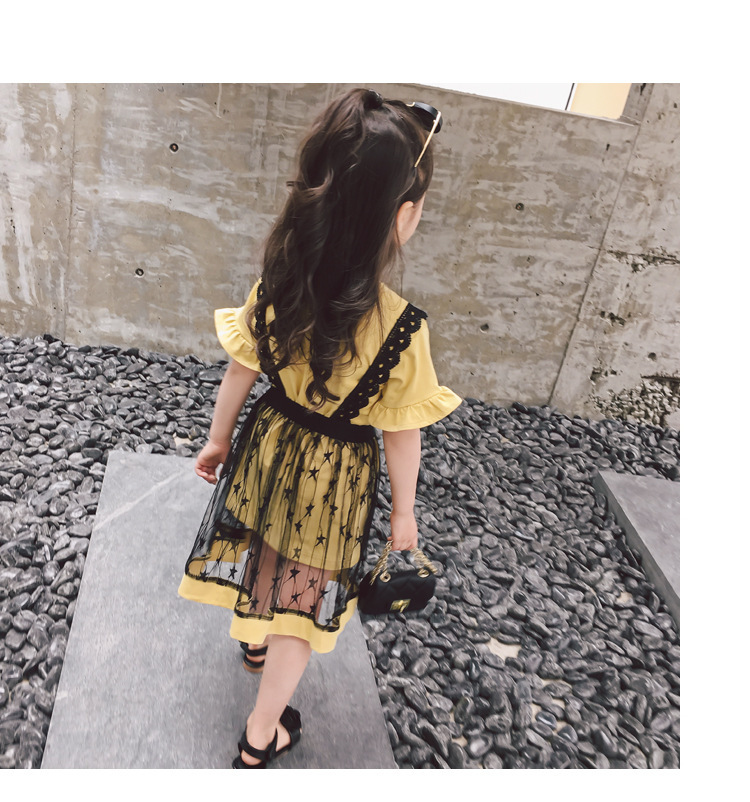 倪弘 女童套装 2018夏款韩版套裙喇叭袖短袖T恤蕾丝吊带裙两件套