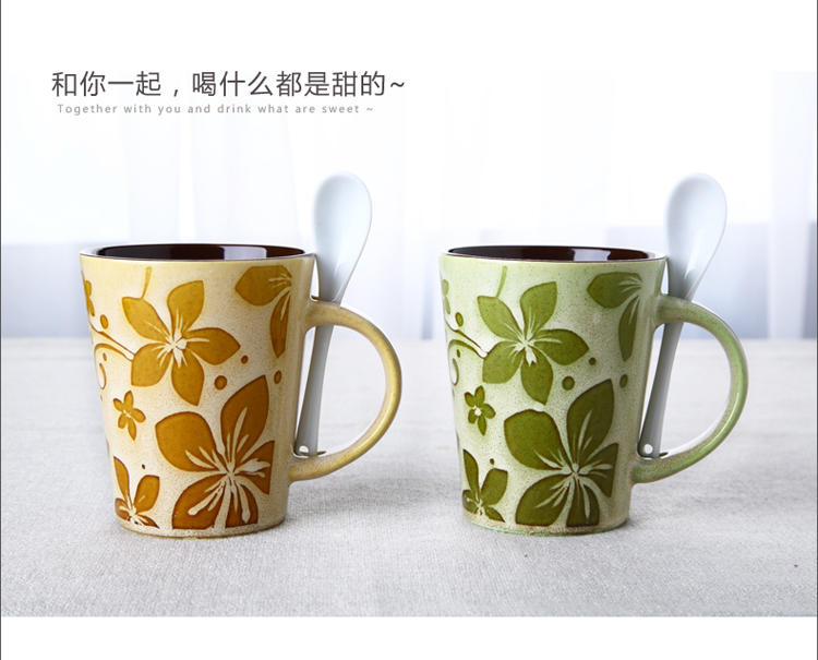 醴陵2杯2勺特色创意手绘陶瓷杯子咖啡牛奶马克杯情侣对杯饮水杯