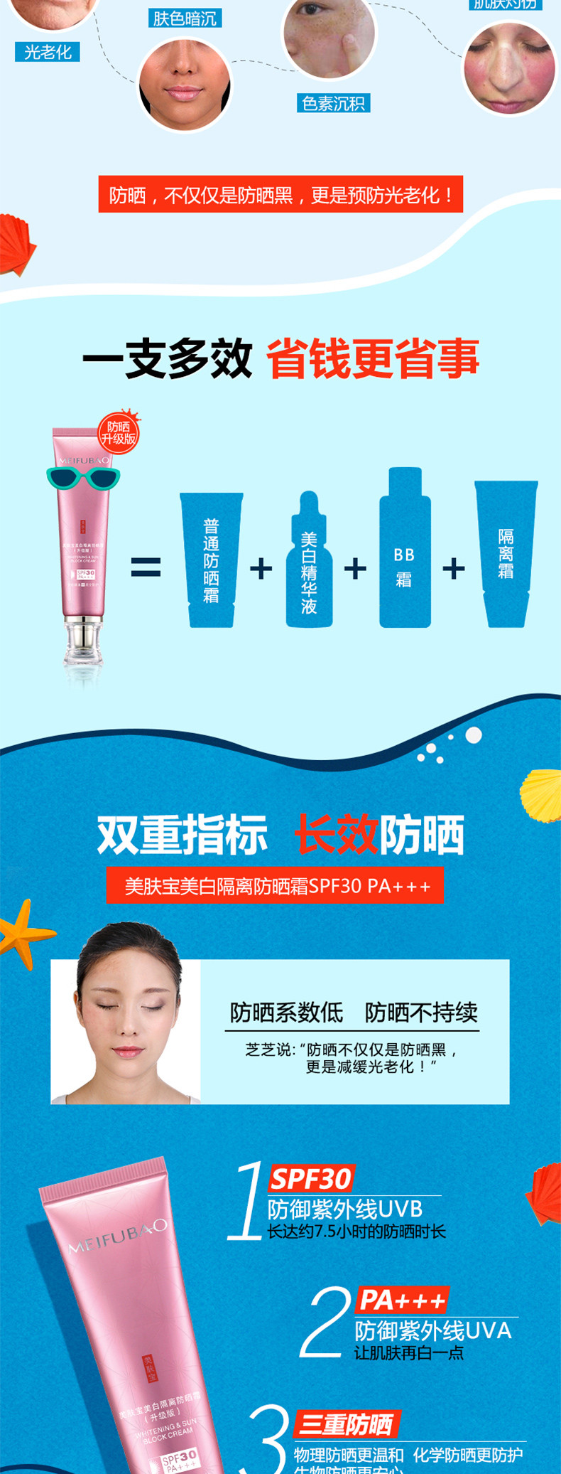 【邮储特卖】美肤宝 美白隔离防晒霜spf30PA+++送安心水80ml有效期：2020年5月左右