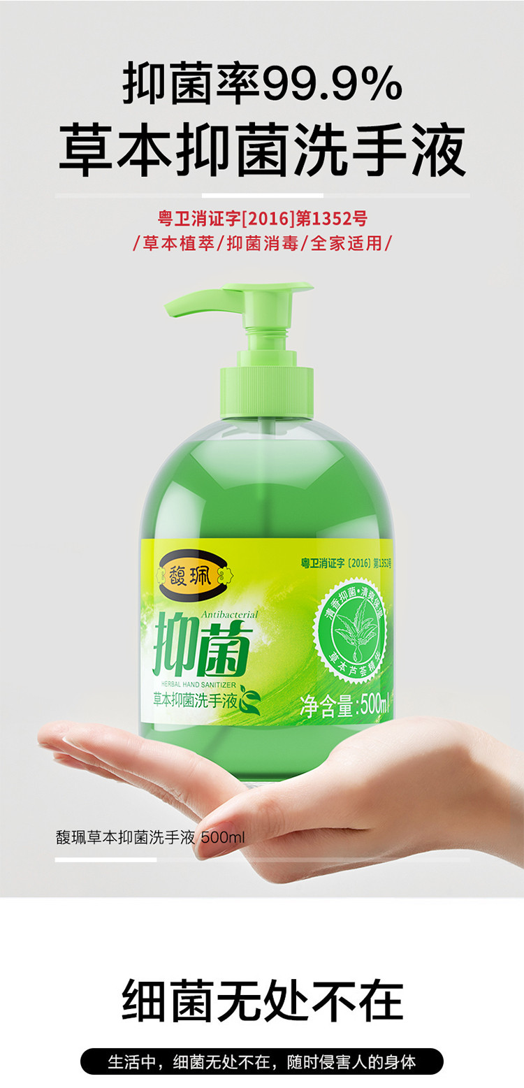 【邮储特卖】【2瓶装】草本抑菌洗手液500ml/瓶*2瓶杀菌消毒按压型抗菌医院用便携式家用儿童