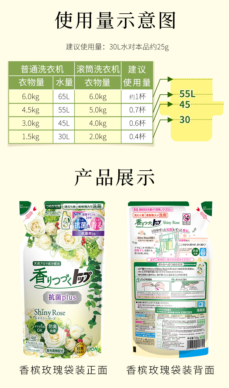 【推荐】狮王/Lion 日本原装TOP持久香氛柔顺洗衣液替换装720g 花果香型/白玫瑰香型随机发货