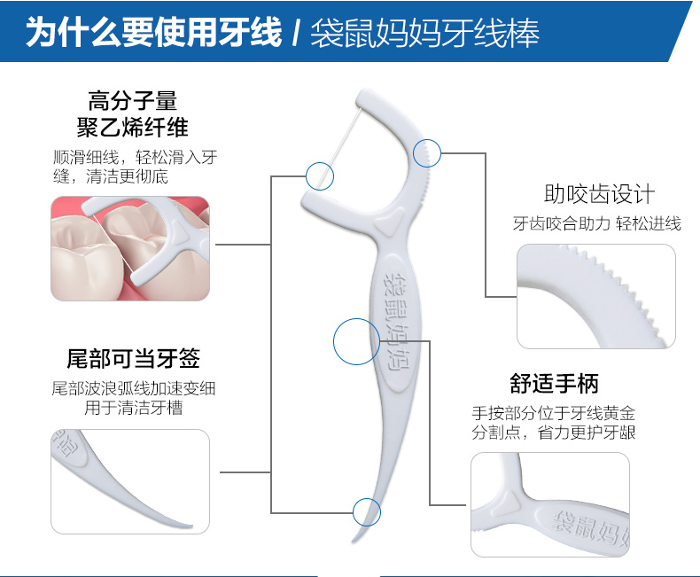 袋鼠妈妈经典牙线出口级超细剔牙家庭装安全牙签牙线棒2大盒 包邮