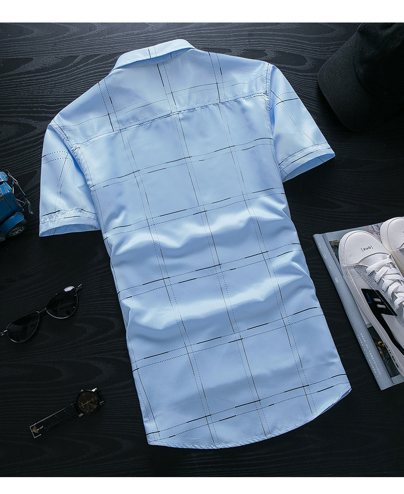 夏季白色短袖潮男装半袖衬衫男士韩版修身青少年格子衫衬衣男