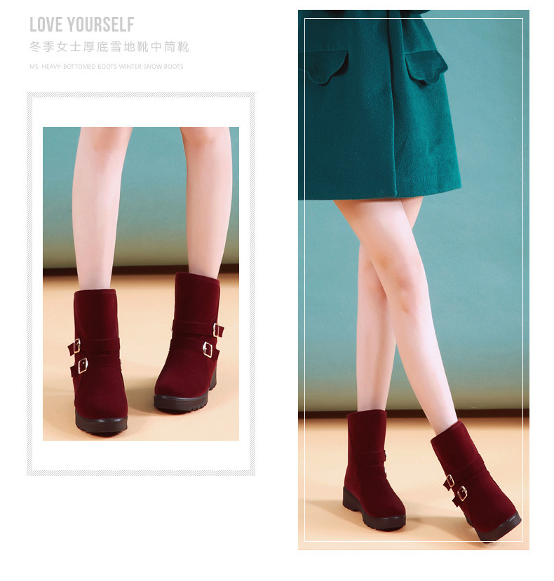 款款秀 冬季新款外穿韩版女靴子绒面皮带扣加绒保暖百搭休闲中筒靴