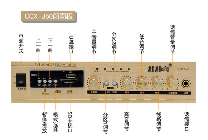 村村响 背景音乐系统公共广播吸顶喇叭蓝牙定压功放机USB播放超市店铺套装壁挂音箱 CCX-J50