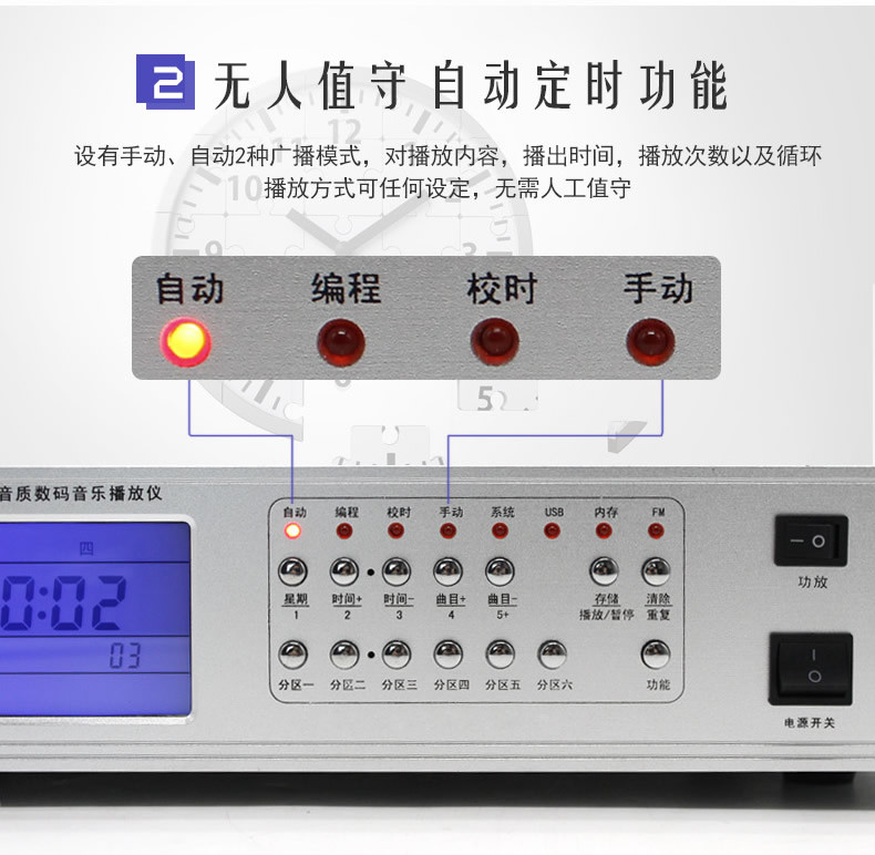 校园广播系统MP3定时播放器主机自动音乐打铃仪编程器带遥控6分区3路电源收音录音带遥控器-336