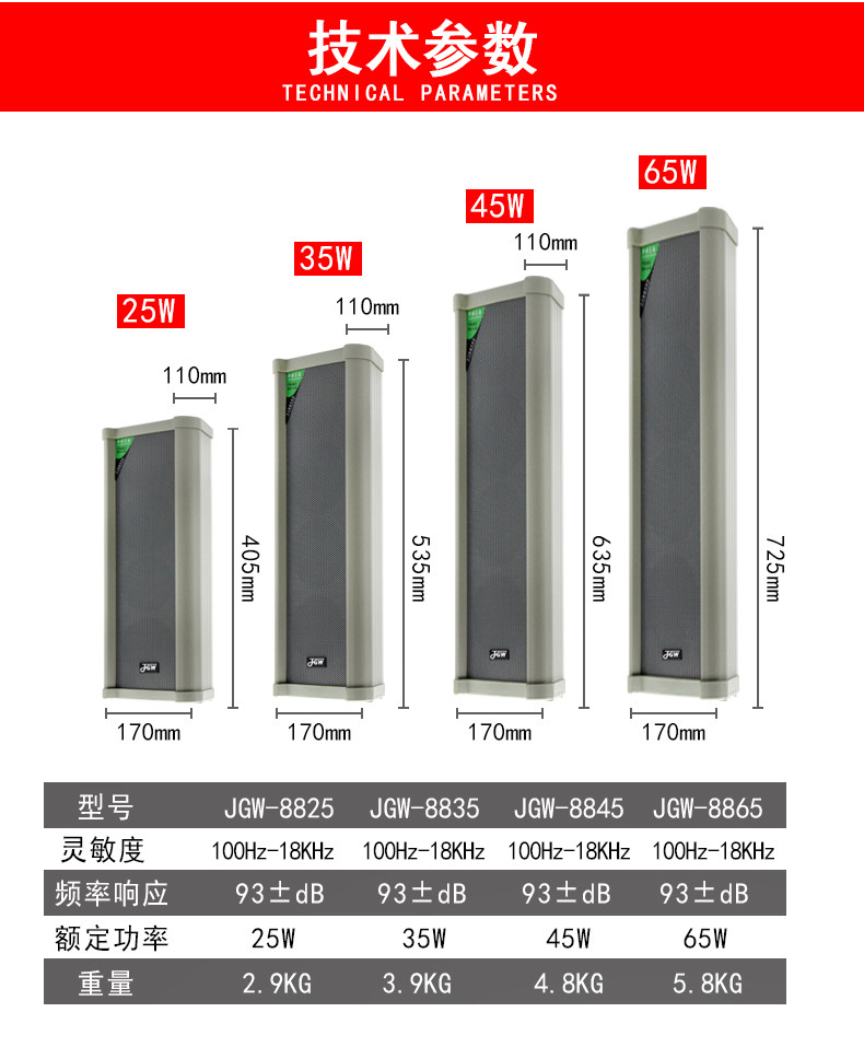JGW室外防水音柱音响背景音乐广播定压定阻功放校园操场广场仓库礼堂食堂壁挂音箱 65W高音防水音柱