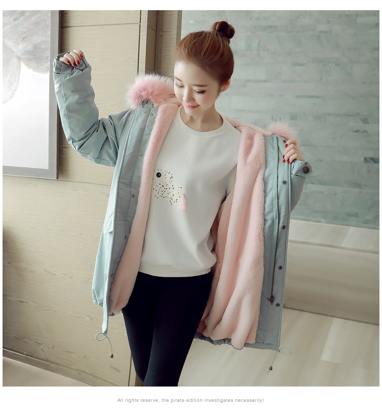 艾米娅 2016秋冬韩版女装中长毛领连帽加绒棉衣棉服外套