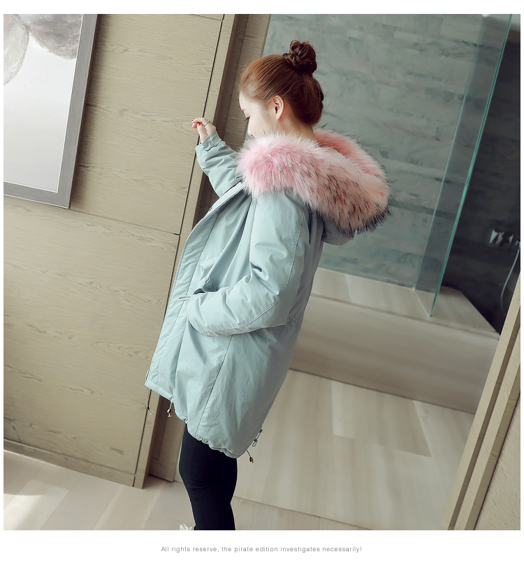 艾米娅 2016秋冬韩版女装中长毛领连帽加绒棉衣棉服外套