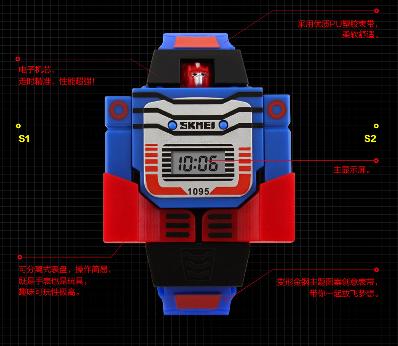 艾米娅 变形金刚儿童手表 skmei小学生男孩女孩创意个性电子表腕表
