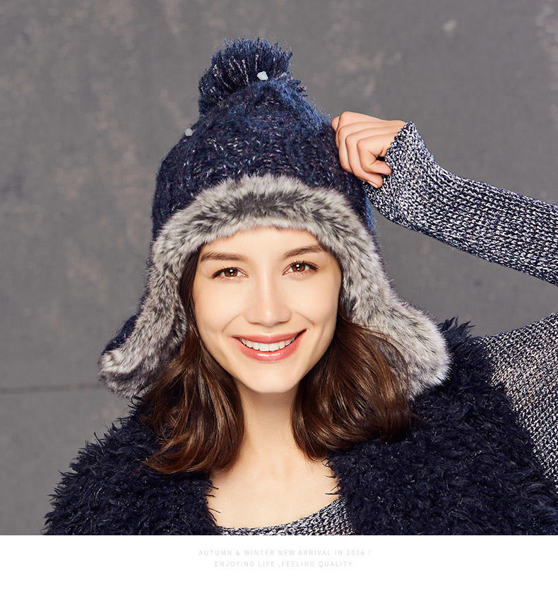 艾米娅 冬季护耳帽女韩版潮加厚针织帽防皮草毛绒帽户外时尚防寒粗毛线帽