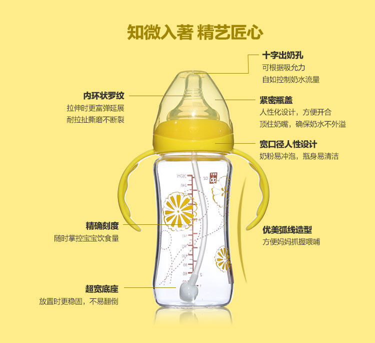 好孩子（Goodbaby）婴儿母乳实感宽口径握把吸管玻璃奶瓶260ml(兰花系列) B80200