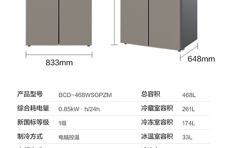 美的/MIDEA  十字四门冰箱净味除菌智能变频家用电冰箱468升BCD-468WSGPZM风冷无霜