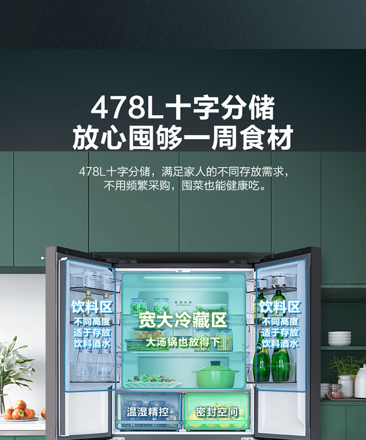 美的/MIDEA  家用电冰箱478升除菌净味十字对开门一级能效BCD-478WSPZM(E)灰色