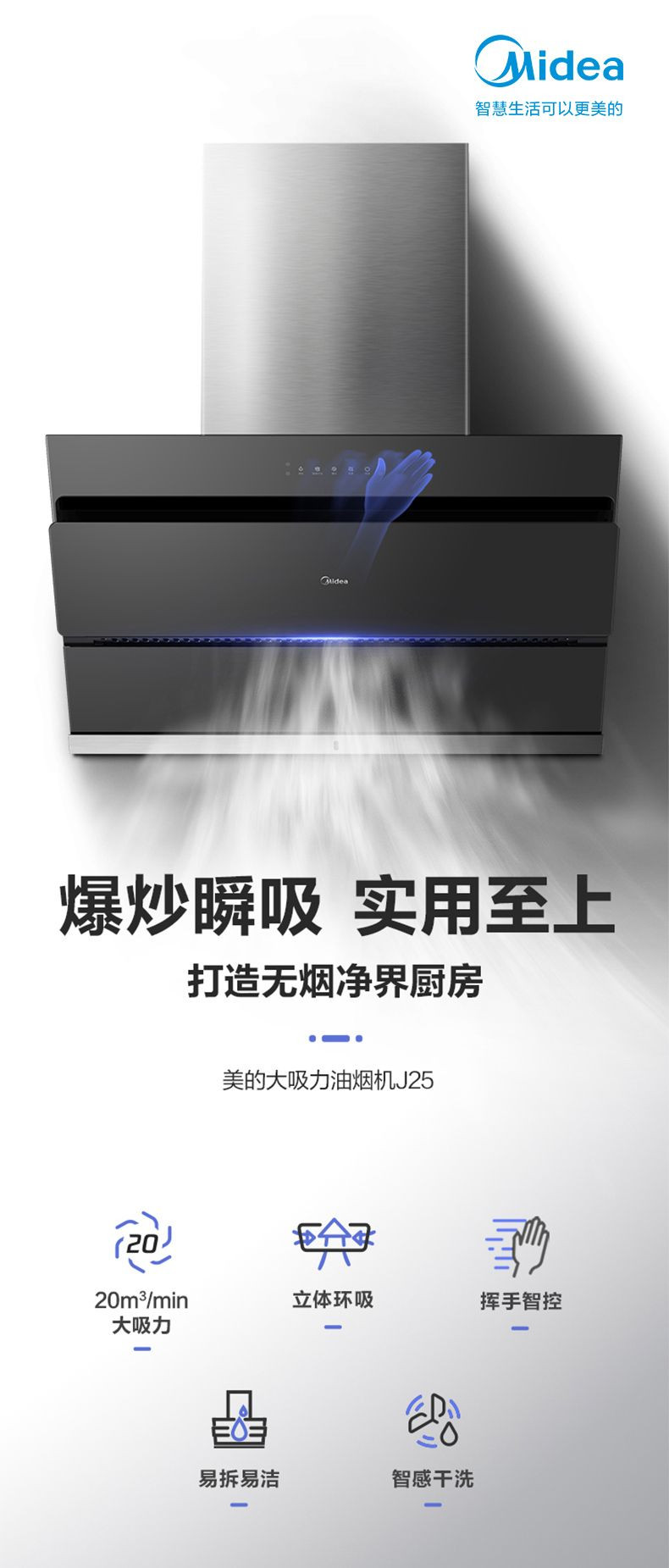 美的/MIDEA CXW-280-J25抽油烟机侧吸20方大吸力挥手控制