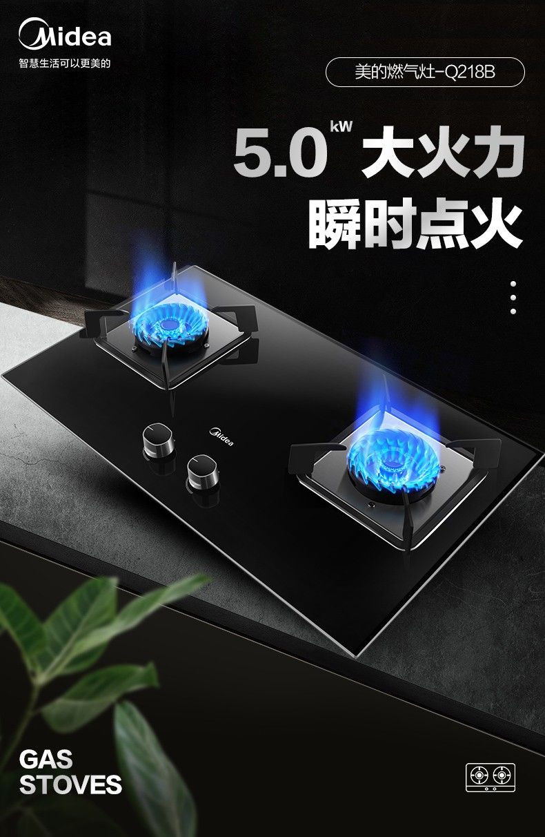 美的/MIDEA 家用燃气灶双灶5.0KW大火力天然气灶煤气灶台嵌Q218B