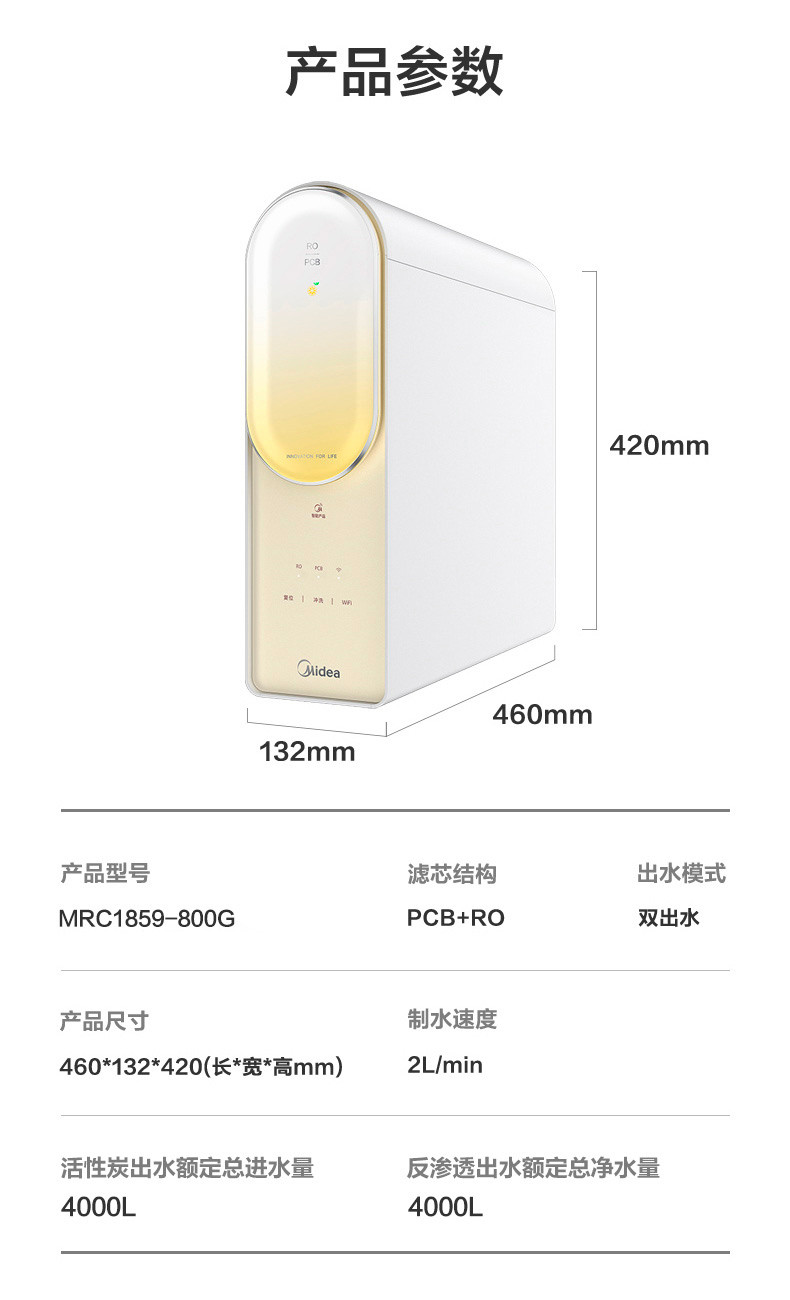 美的/MIDEA 厨下净水器净水机RO反渗透MRC1859-800G 灯环版