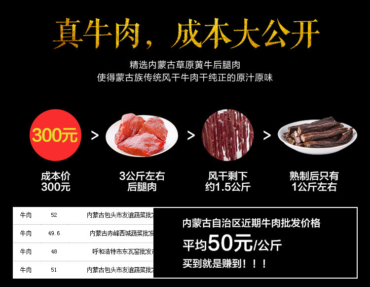 老俵情 搏克牛仔 纯正超干牛肉干 内蒙古特产手撕风干牛肉 正宗火烤风干牛肉 500g