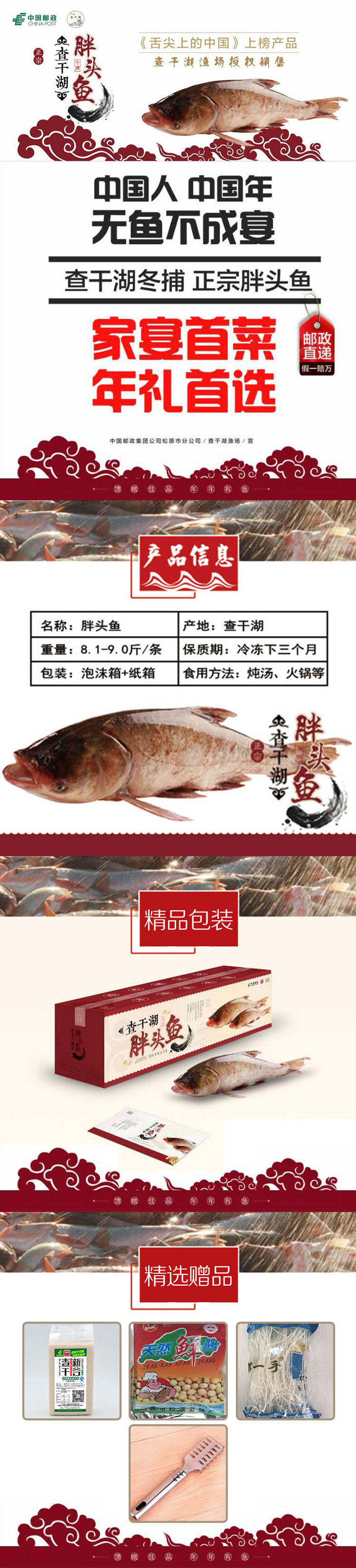 正宗查干湖野生胖头鱼8.1-9.0斤（D款）