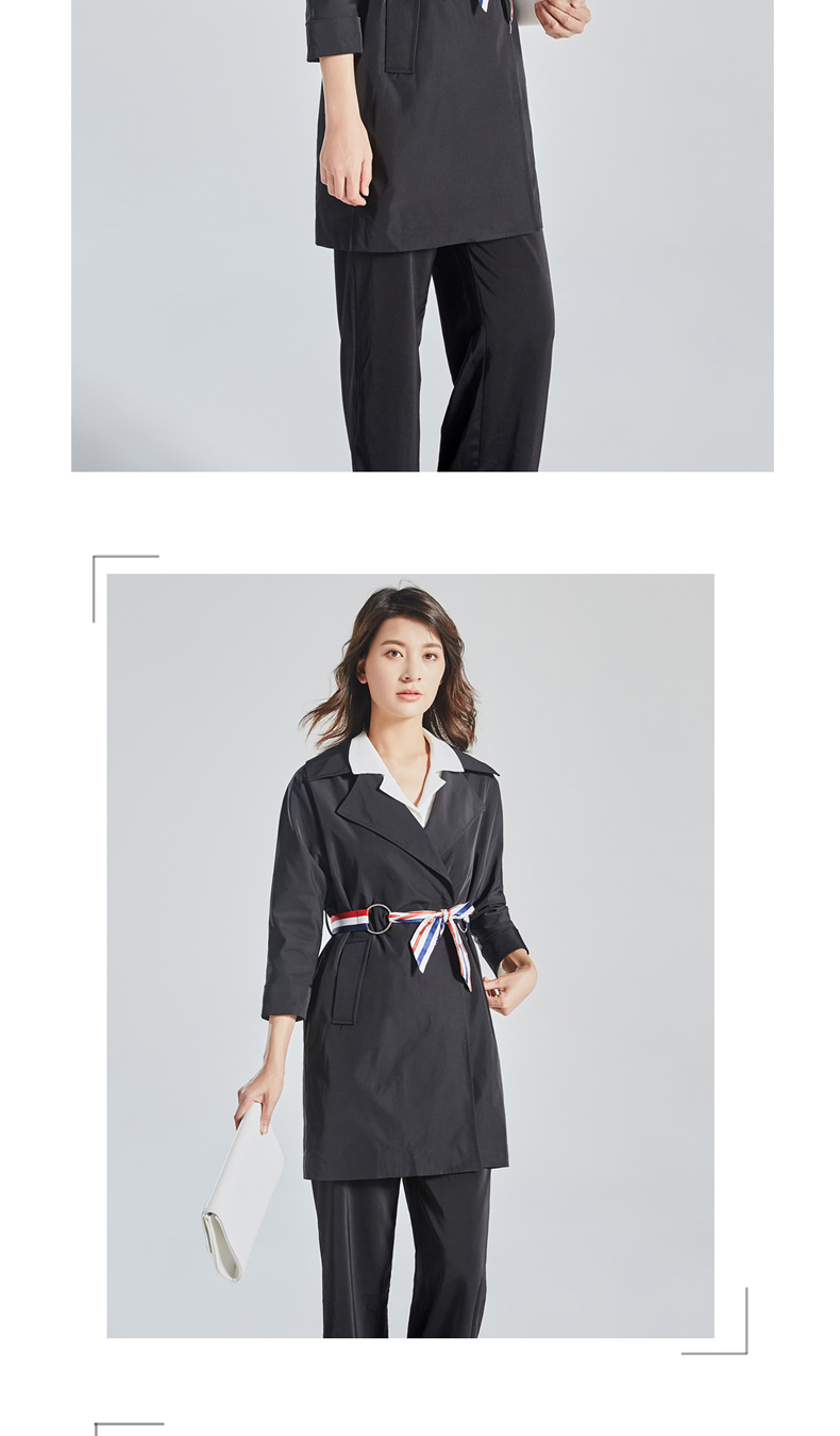 百年纪念纯色翻领中长款外套韩版系带时尚风衣101087