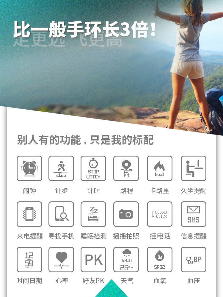 漫兴 智能手环 监测血压久坐提醒微信运动摇一摇拍照BL86