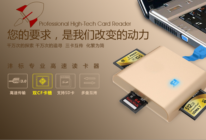 沣标(FB) FB-890 沣标专业高速读卡器金色三合一 多功能读卡器 相机 手机 读卡器