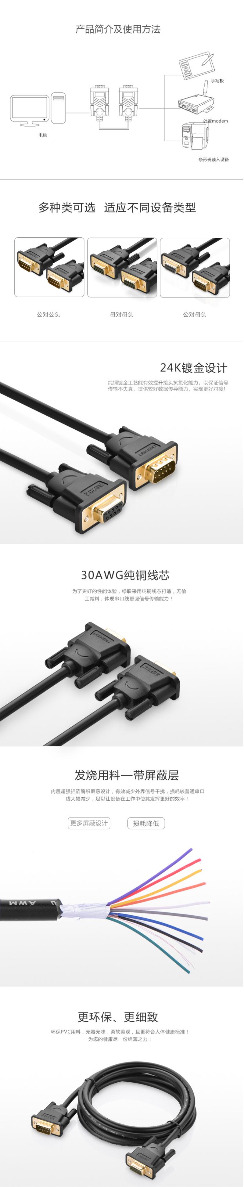 绿联（UGREEN） 绿联 RS232串口线延长母对母/公对母/公对公COM口线DB9九针串口线