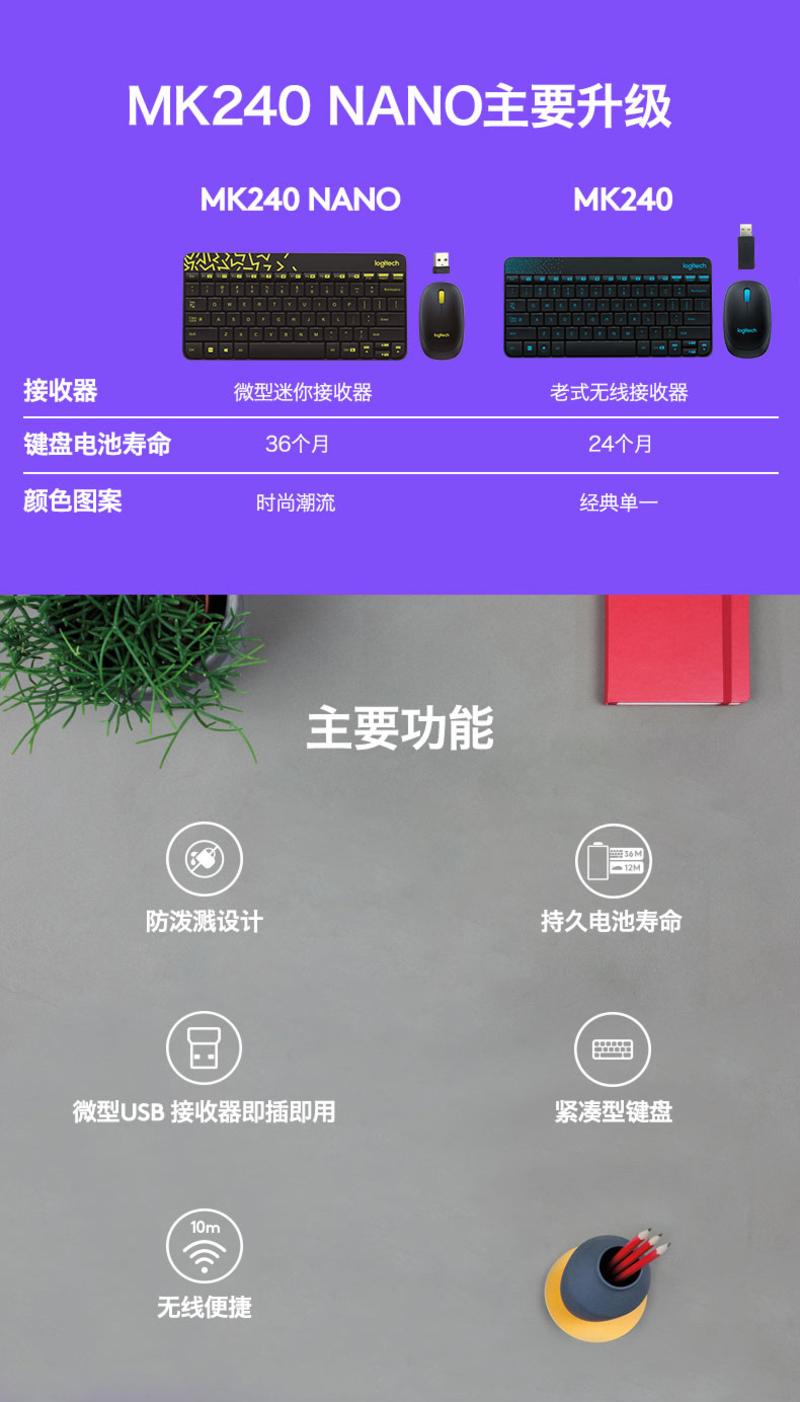 罗技/Logitech MK240 Nano无线迷你键鼠套装 笔记本USB键盘鼠标套件