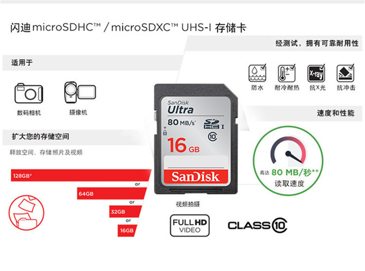 闪迪/SANDISK 闪迪至尊高速SD存储卡16G 相机SD卡内存卡储存卡闪存卡