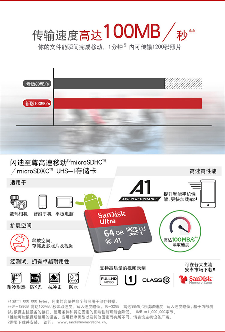 闪迪/SANDISK 内存卡class10高速Micro sd卡64g手机内存64g卡监控摄像头