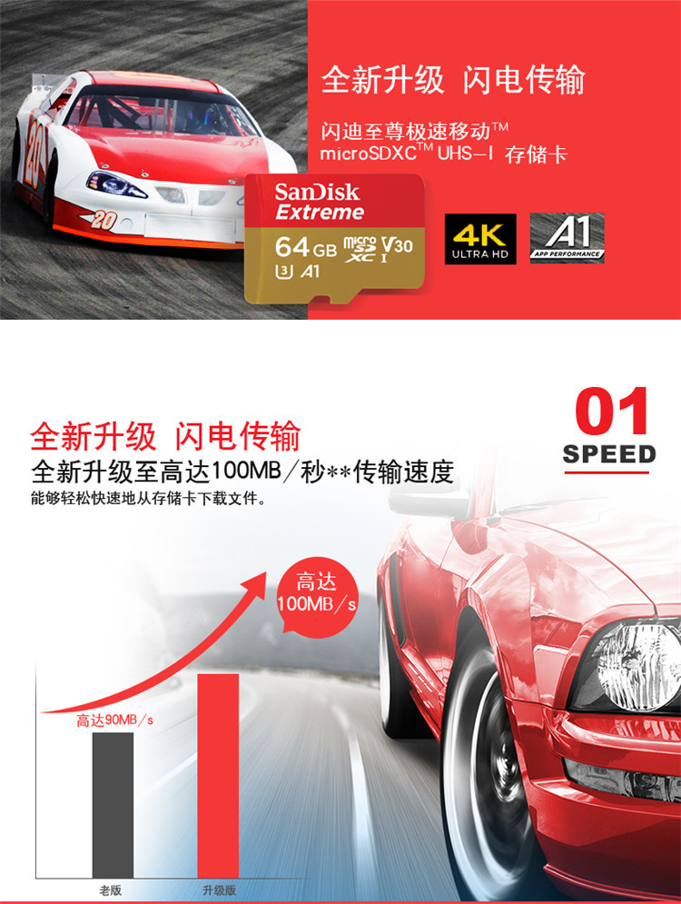 闪迪/SANDISK  64g内存卡至尊极速移动micro sd卡手机卡U3高速tf卡行车记录仪器