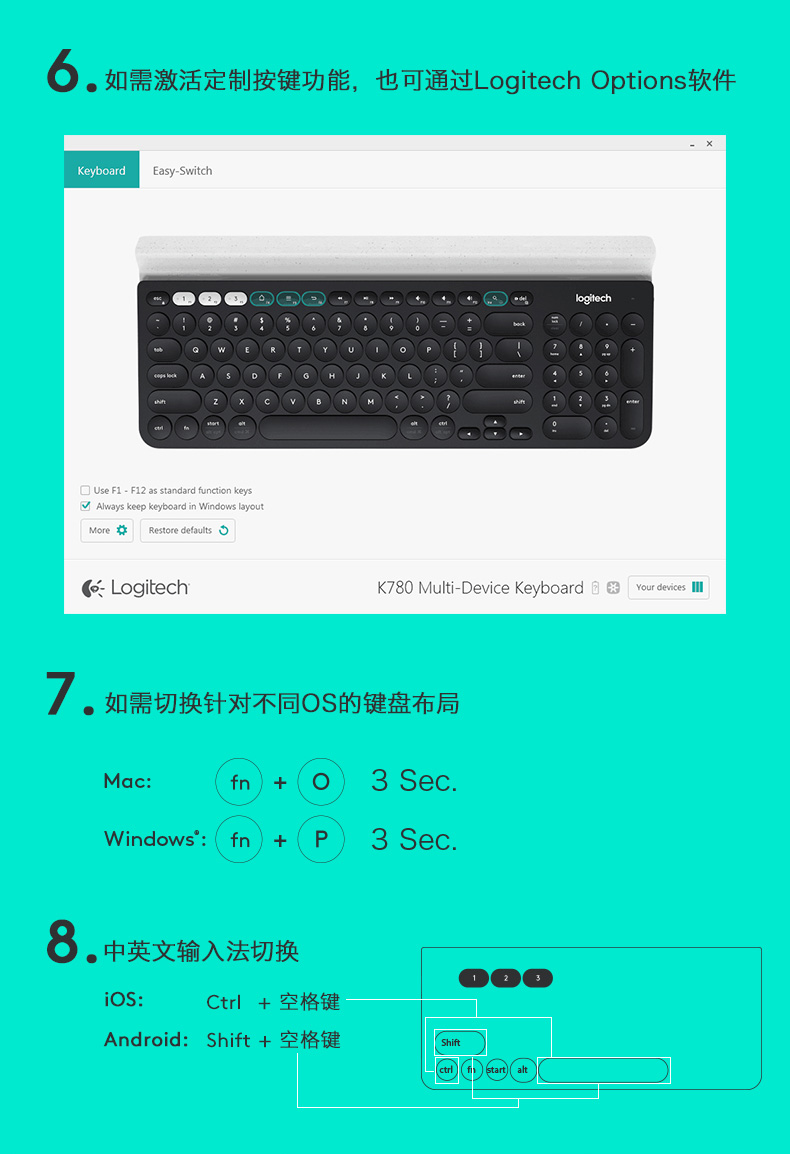 罗技/Logitech K780无线蓝牙优联双模式键盘iPAD手机平板办公便捷键盘