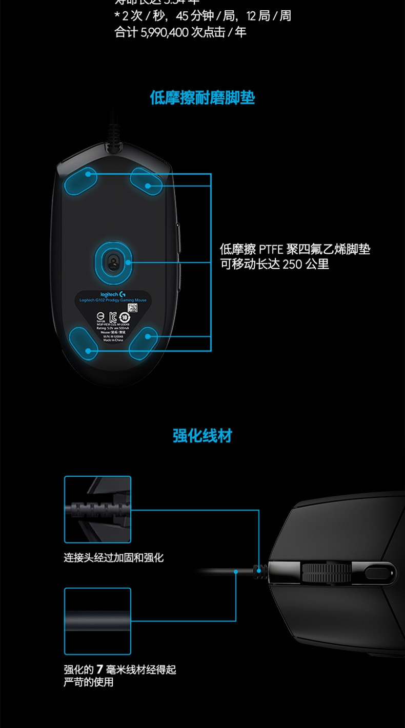 罗技/Logitech G102 有线游戏鼠标呼吸灯升级8000DPI编程